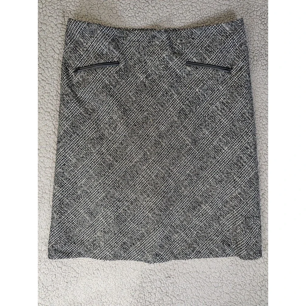 Talbots Tweed Skirt Faux Leather Trim Pockets Lined Black White Sz 16 Academia